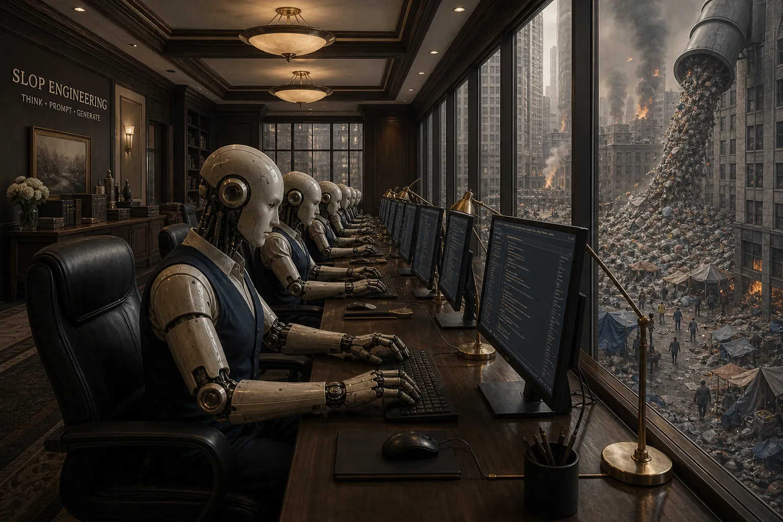 Bots in a clean office coding slop that is pouring out into the streets