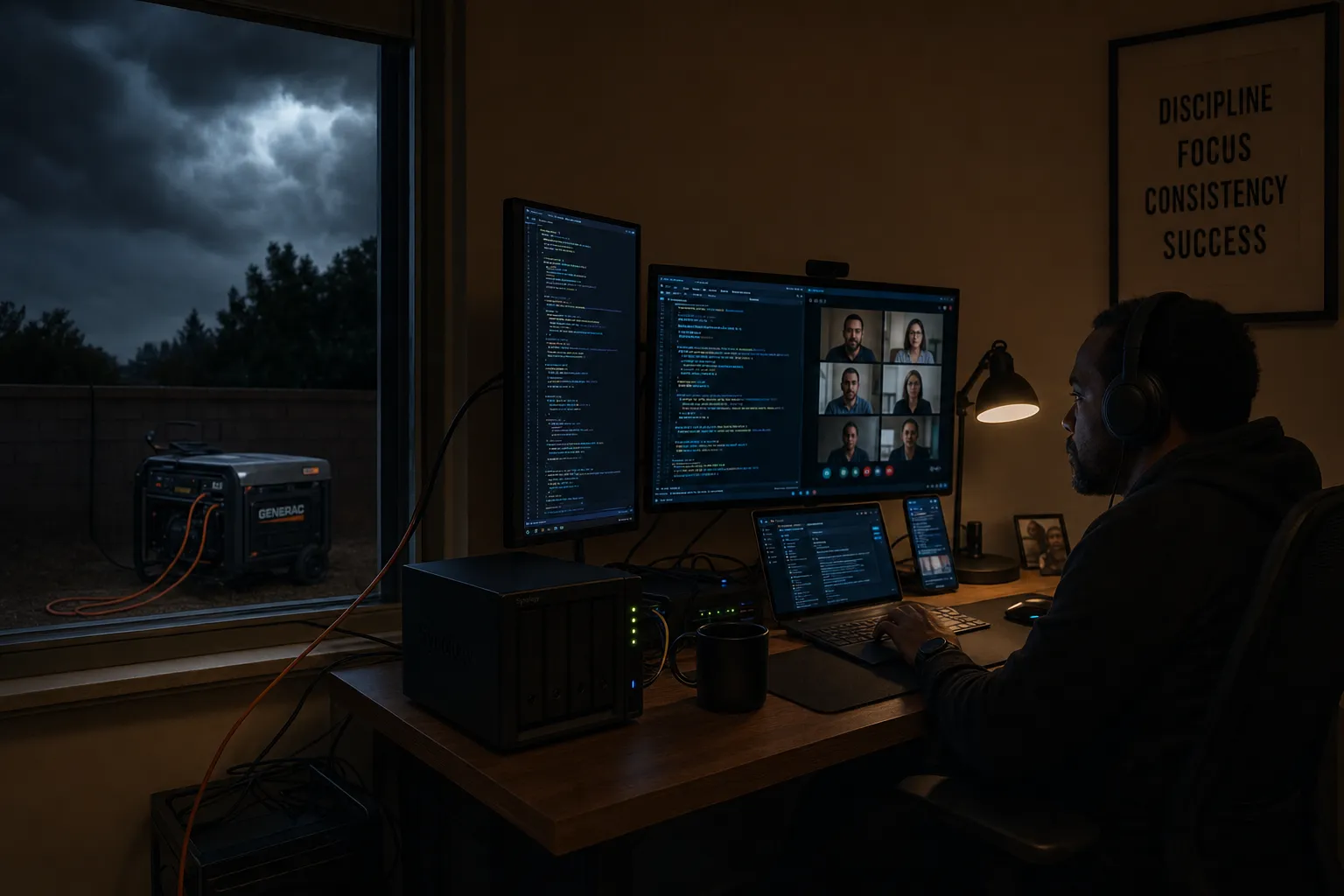 A cinematic, slightly gritty photo-realistic scene inside a home office at night. A portable generator sits outside the window near the wall, extension cords running from it through the window to a desk setup with multiple monitors, a NAS unit, and networking gear with blinking LEDs. The screens glow with code and a video call in progress. The room is dimly lit except for the monitor glow and a single desk lamp. Outside the window, dark storm clouds are visible. The mood is focused and determined, not chaotic. Muted tones, deep shadows, warm amber light from the lamp contrasting the cool blue of the screens. Realistic detail, editorial photography aesthetic.
