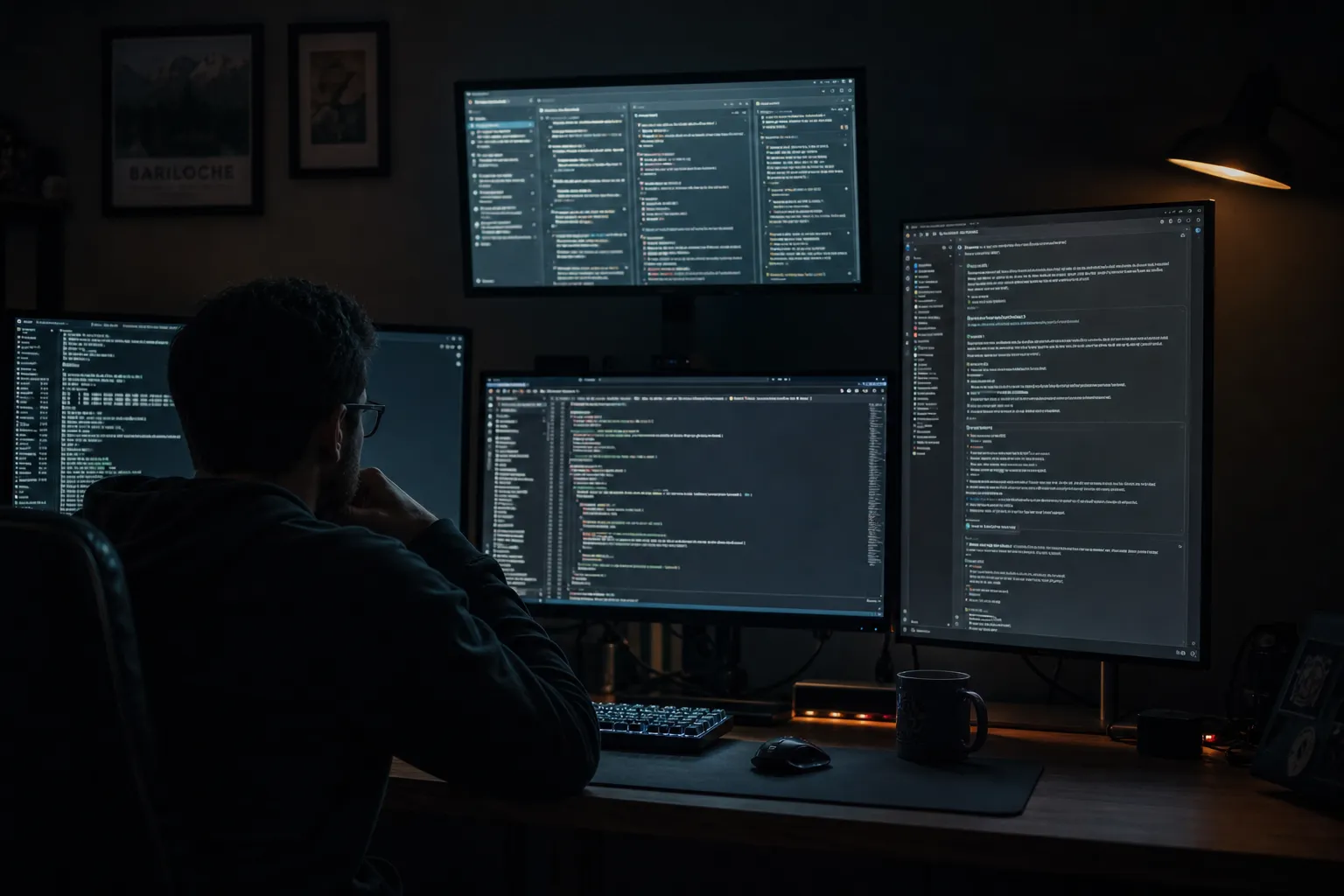 A developer working alone at night, illuminated by the glow of multiple screens showing code and AI chat sessions.