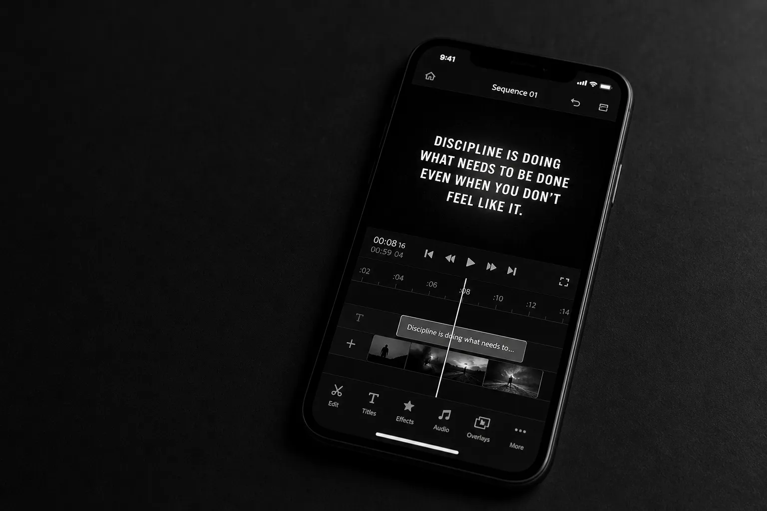 High contrast black and white photo of an iPhone screen displaying a video timeline with caption text. Shot from slightly above, angled. Strong shadows. Minimalist composition with negative space on one side for text overlay. Mood: serious builder, not a lifestyle shot.