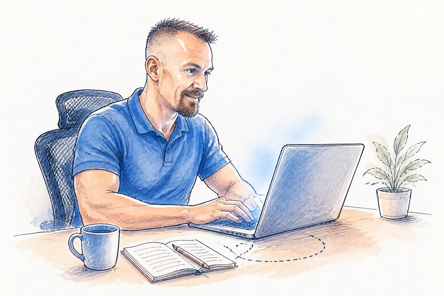 Man sitting at a desk smiling and working on a laptop. Blue polo shirt. Desk is decorated with a small plant and also has a notebook and coffee cup on it