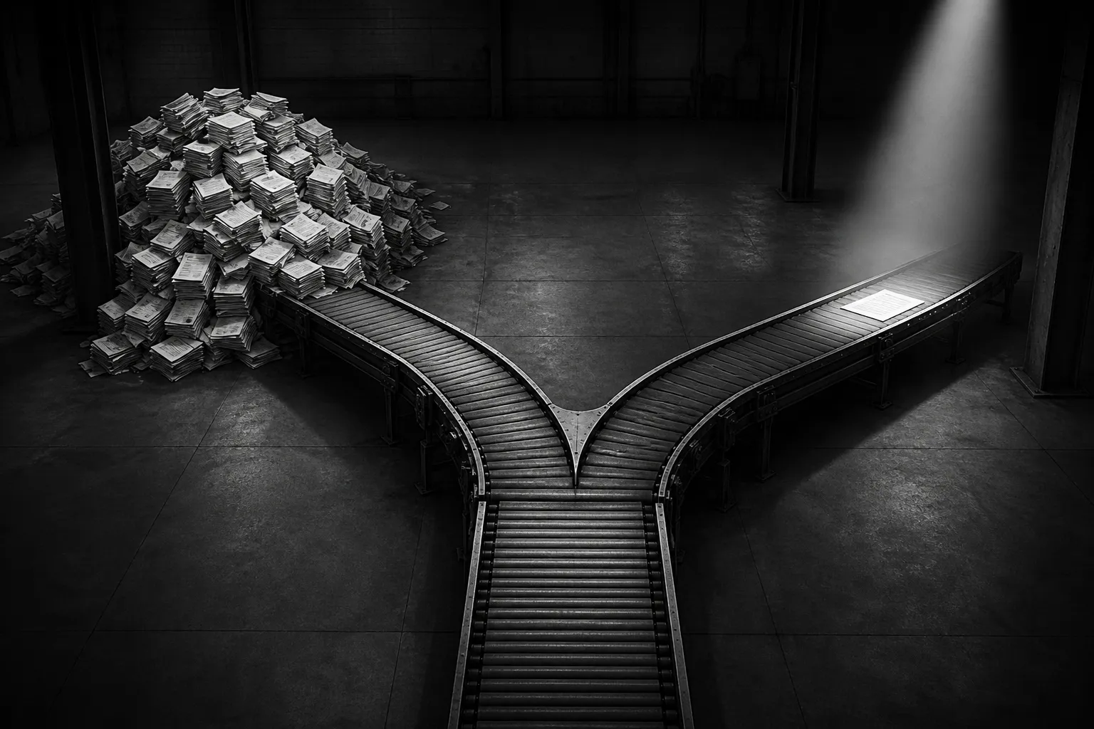An industrial conveyor belt splits into two paths: one leads to a chaotic overflow of identical paper applications, the other to a single clean document under focused light. Black and white, high contrast.