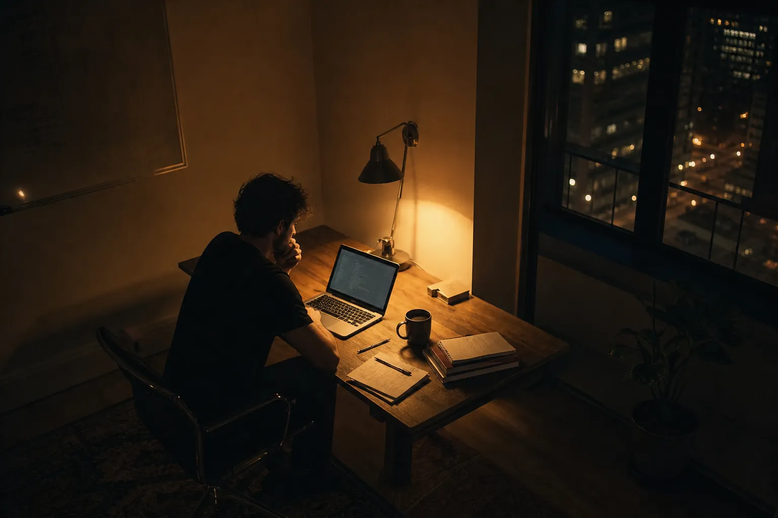 A lone founder sitting at a minimal desk in the early morning, laptop open, warm light from a single lamp, coffee nearby, window showing a dark city outside. The mood is focused and slightly gritty, not polished. Cinematic, high contrast, muted color palette with warm amber tones. Shot from slightly above and to the side. No text. No phone screens. Photorealistic.