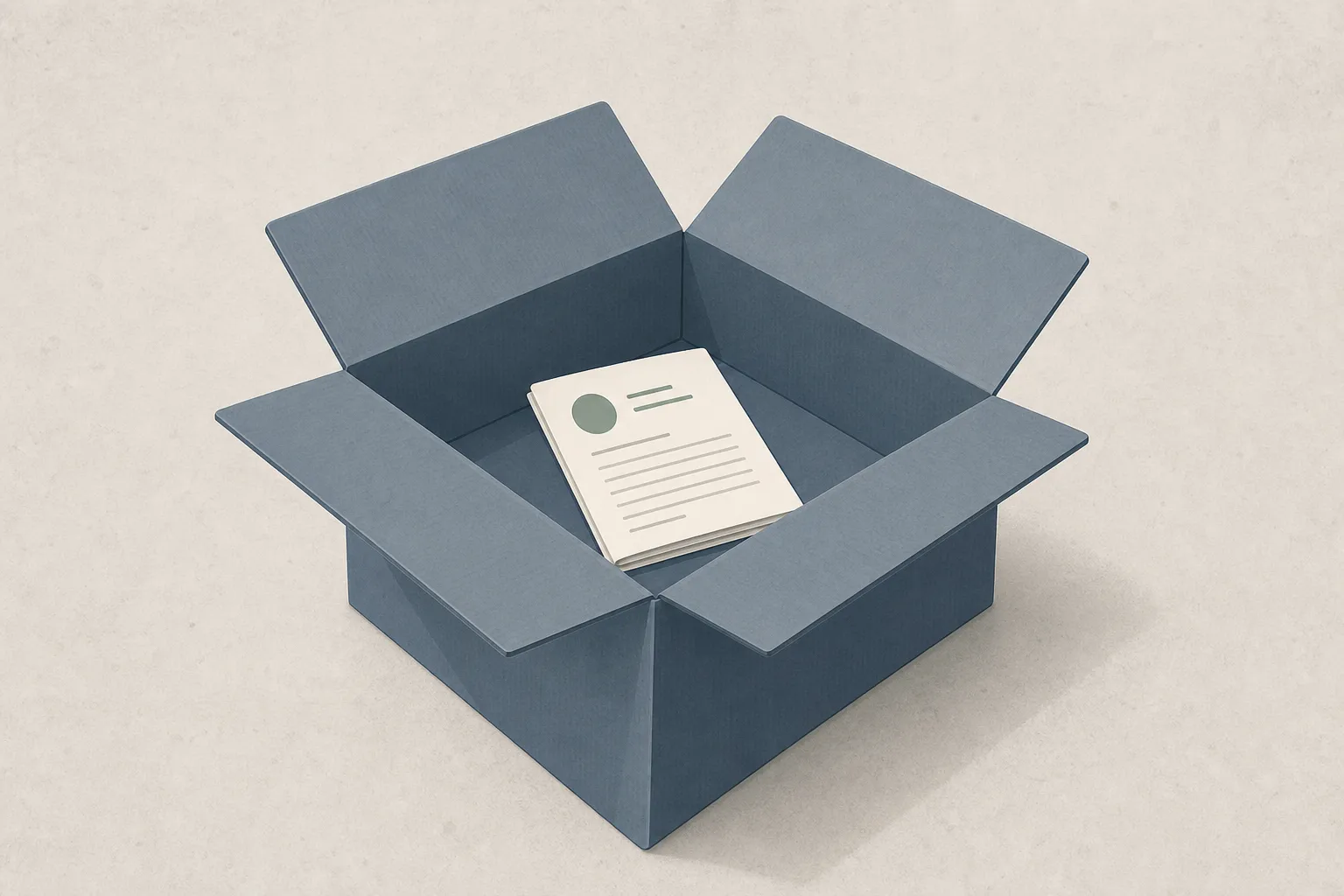 A flat vector illustration of an open cardboard shipping box containing a single folded document, centered on a minimal off-white background. The composition is clean and deliberate, suggesting that one focused thing is enough to ship.