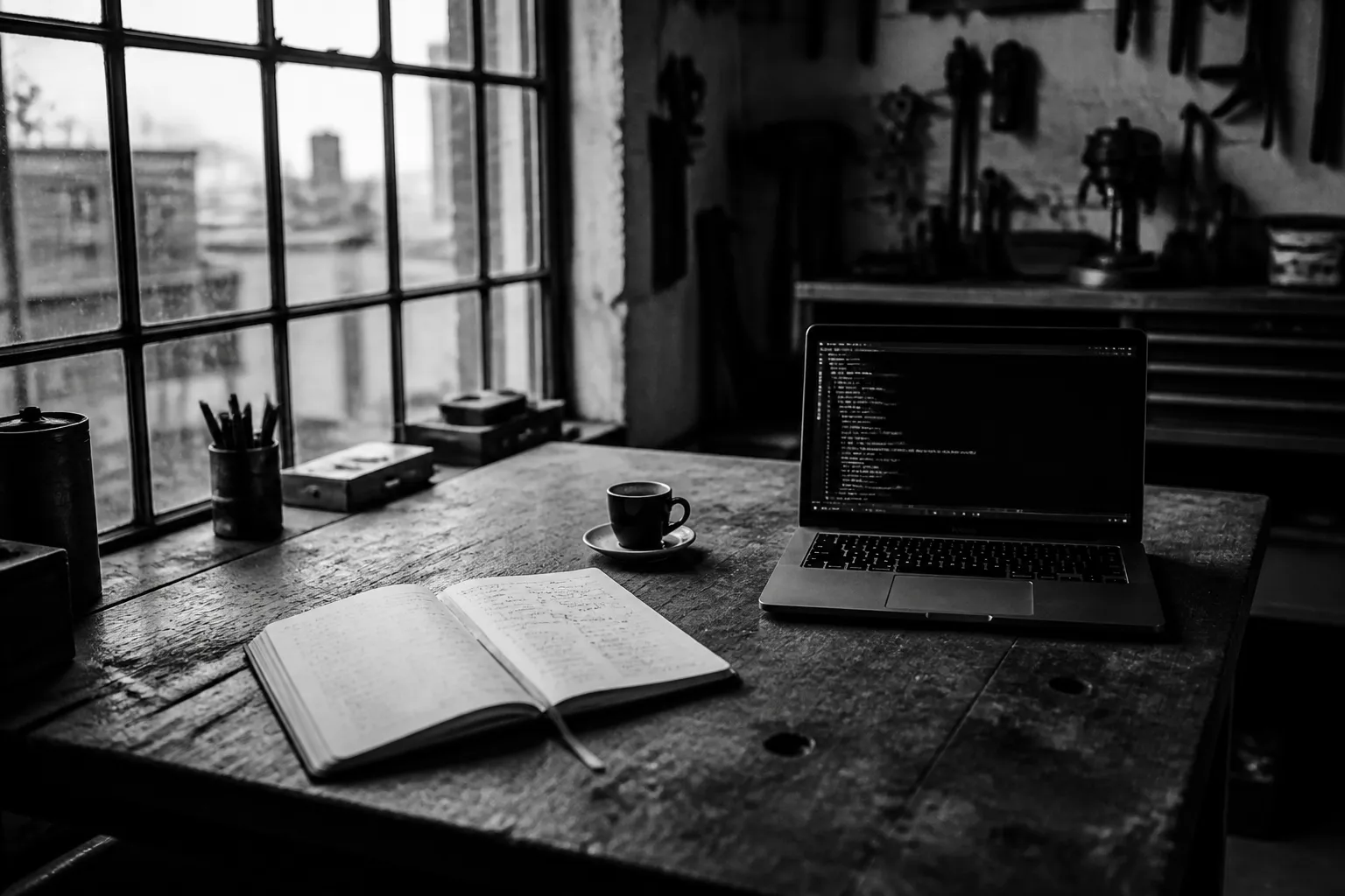 A black and white photo of a wooden workbench near a window, with an open notebook, espresso cup, and laptop showing a terminal. The scene suggests focused, independent work.
