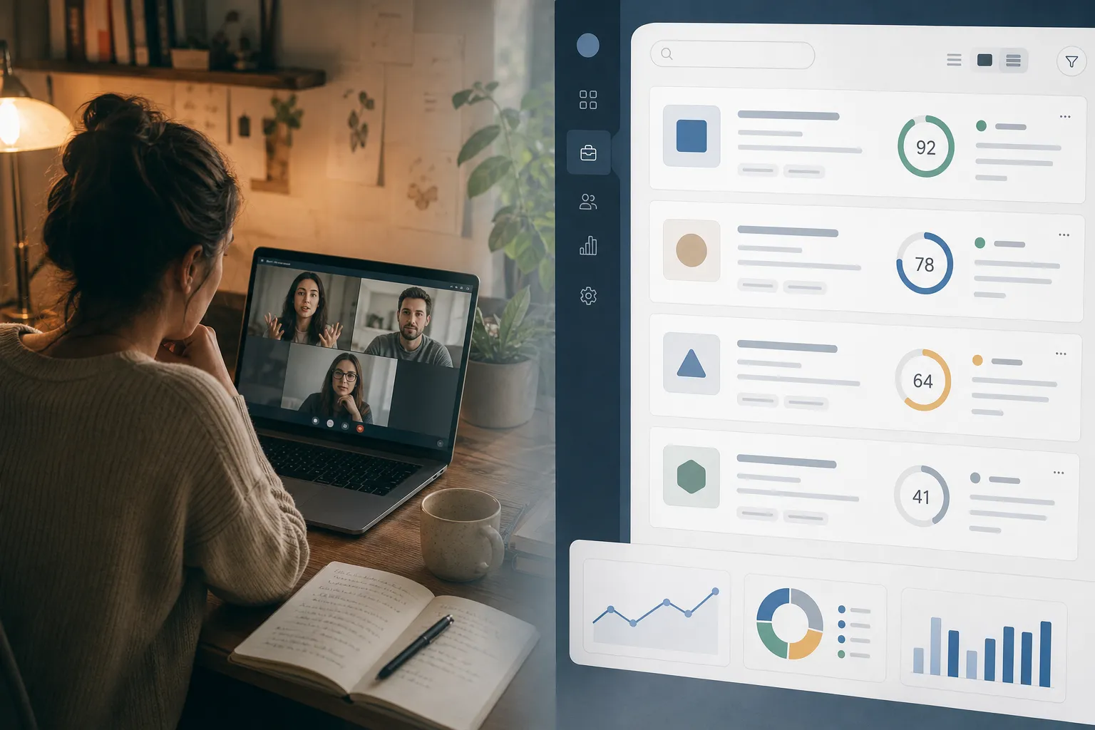 A split composition showing a coaching conversation on one side and a product interface on the other, representing the overlap between advising job seekers and building a tool to automate the search.